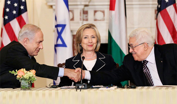 1.2 admiration (Eustoma, salmon pink roses, pittosporum, white hydrangea) «Israeli Prime Minister Benjamin Netanyahu (l) shakes hands with Palestinian President Mahmoud Abbas (r) as U.S. Secretary of State Hillary Clinton looks on as time is ticking for Israel-Palestinian peace.» September 2, 2010 | State Department in Washington